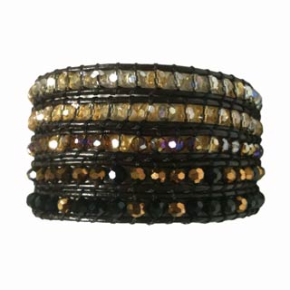 Five Wrap Brown Leather Bracelet Glass Facet Crystal Topaz