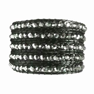 Five Wrap Black Leather Bracelet Glass Facet Rhodium