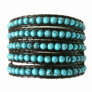 Five Wrap Brown Leather Bracelet Dyed Turquoise
